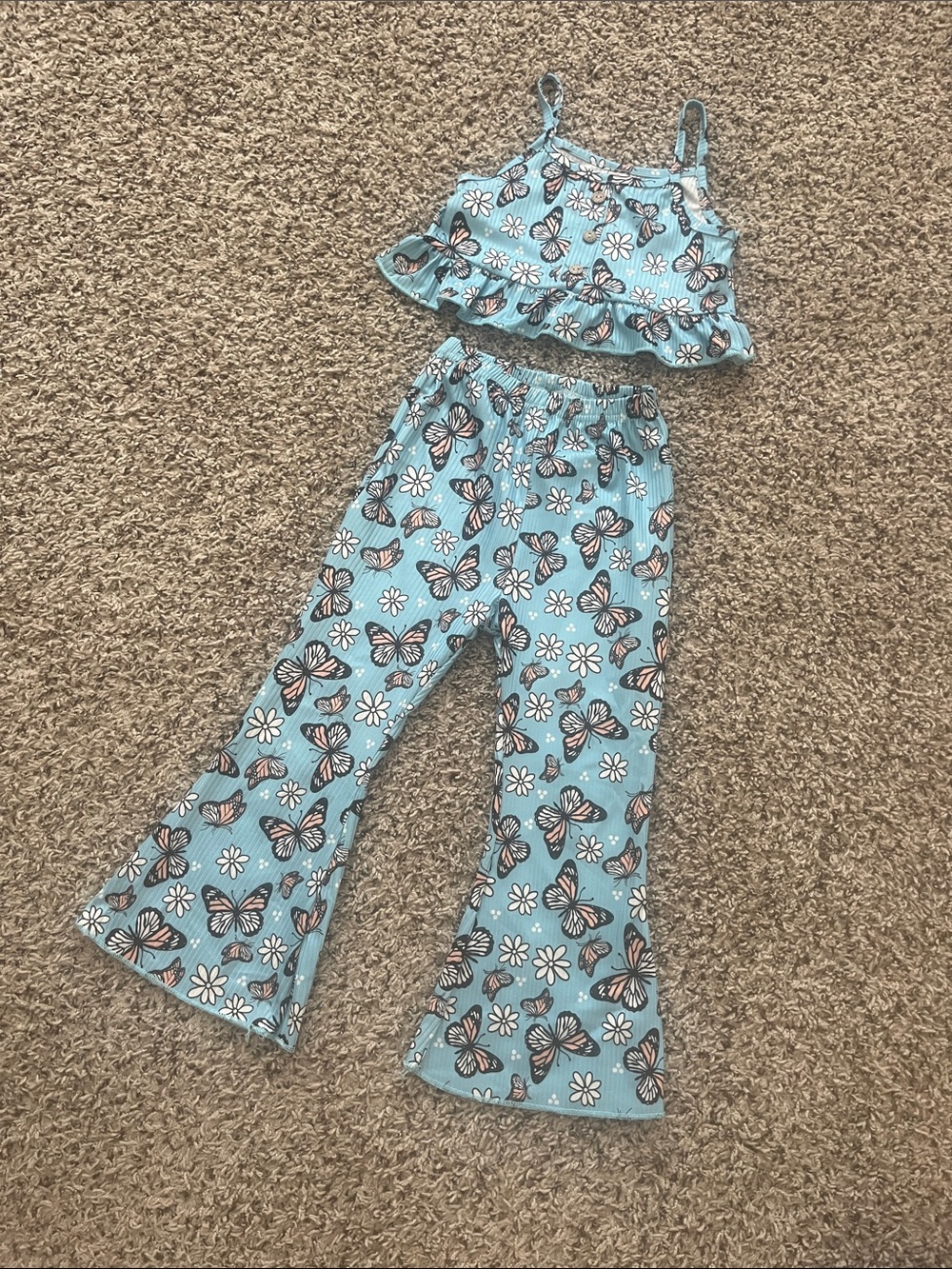 Butterfly Print Two-Piece Crop Tank & Flare Pants Set - Light Blue Sz 4/5 Girls